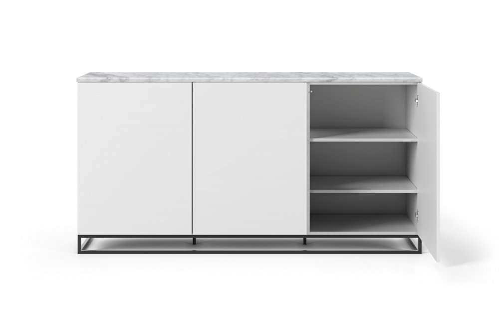 Buffet WHITY blanc mat 180cm 3 portes Plateau Marbre blanc 